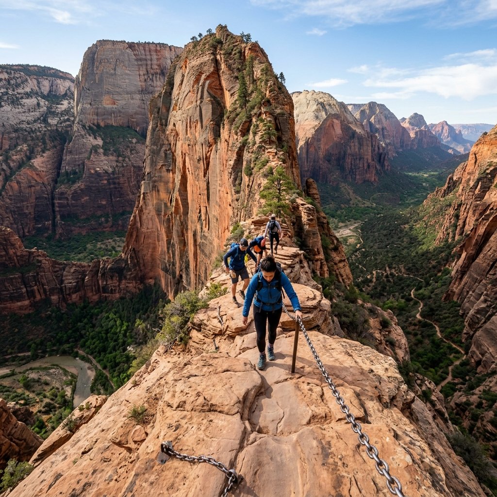 Deep view looking down at the 21 tight stone switchbacks of Walter's Wiggles on Angels Landing Trail in Zion.