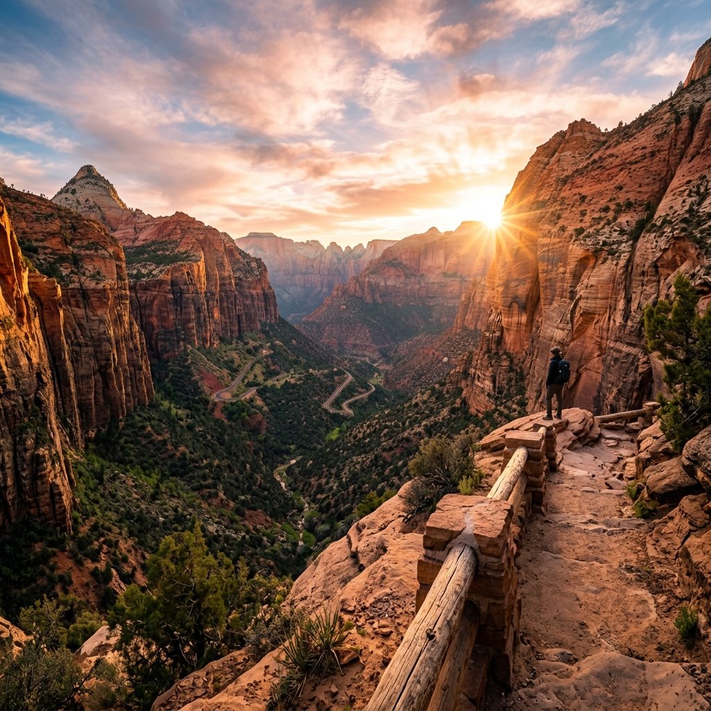 Golden morning light rising over the red rock peaks of Pine Creek Canyon from the Zion Canyon Overlook trail.
