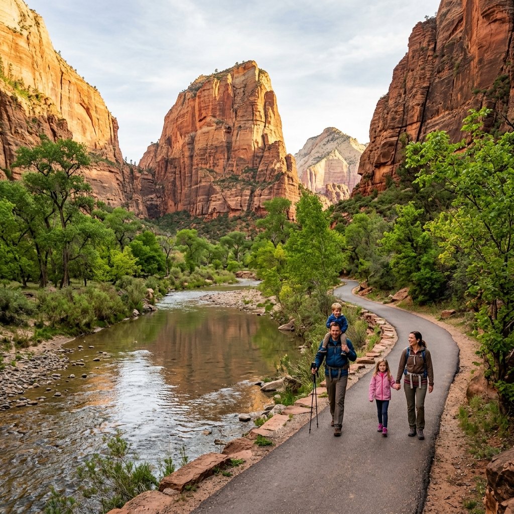 A family hikes the paved Riverside Walk path in Zion Canyon with a mule deer grazing near the riverbed in the background.