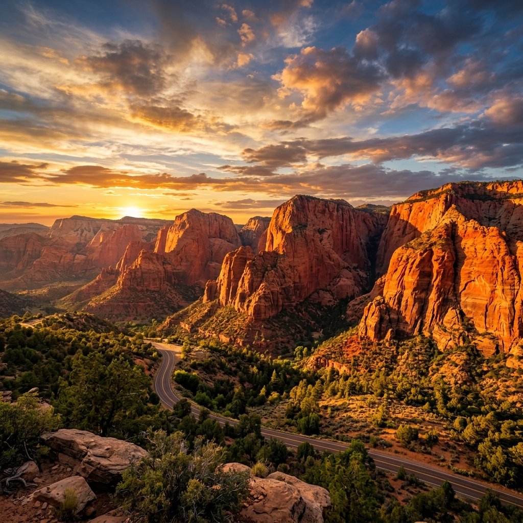 The 2,000-foot red sandstone finger canyons of Kolob Canyons reflecting the deep crimson and orange sunset light.