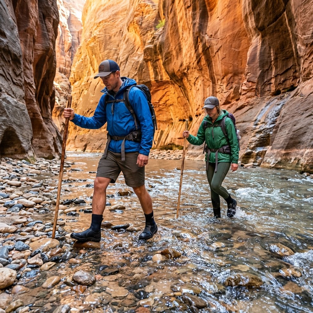 Two hikers wend through the Virgin River inside the Narrows wearing protective boots, neoprene socks, and using hiking sticks for stability.