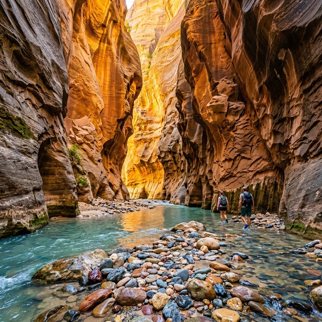 Zion Narrows glowing gold slot canyon