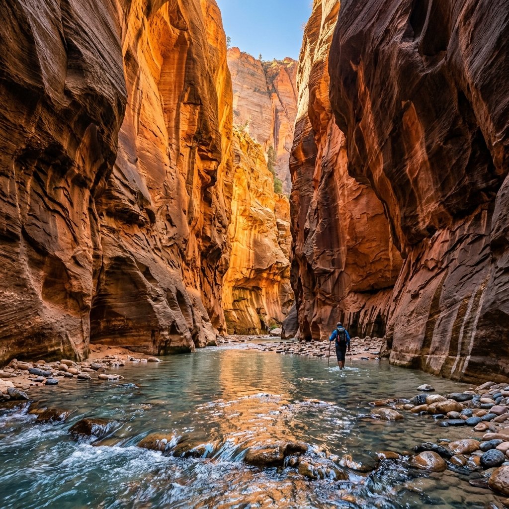 Towering orange sandstone walls glow in the sunlight as the Virgin River flows through the Zion Narrows canyon.
