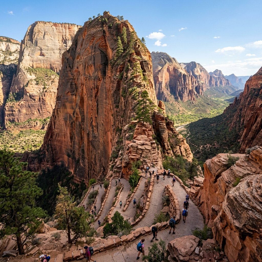 Deep view looking down at the 21 tight stone switchbacks of Walter's Wiggles on Angels Landing Trail in Zion.