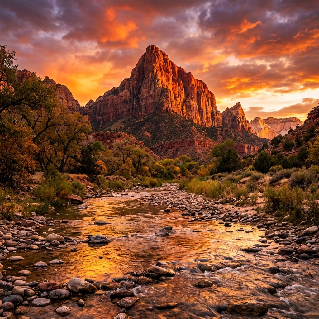 The Watchman sandstone peak glowing at sunset over the Virgin River